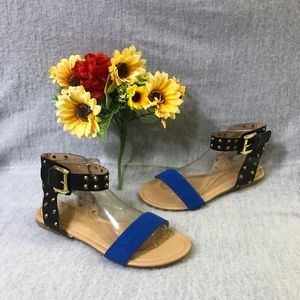 NWOT - Blue/Black Studded Ankle Strap Sandals